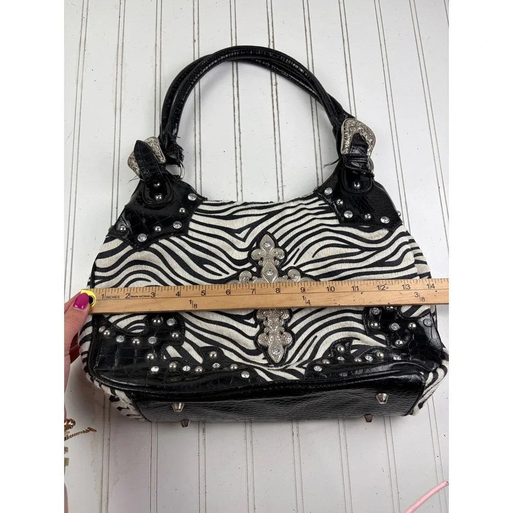 Western Cross Zebra Black Leather Vintage Y2K Studded Rhinestone Shoulder Bag